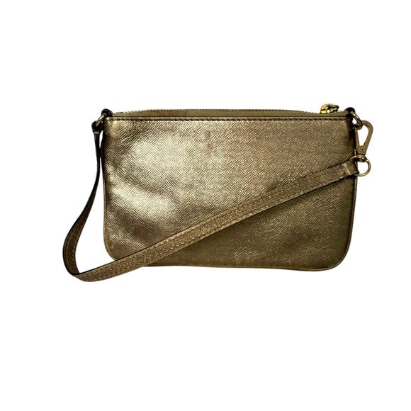 Michael Kors Metallic Wristlet Wallet Gold Leather Medium Card Holder Zip - Picture 2 of 14